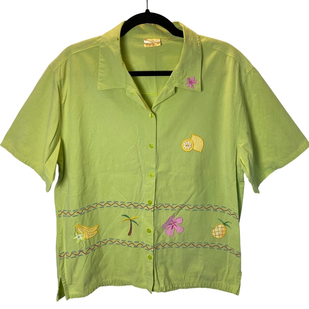 Vintage Bobbie Brooks Shirt Women L Lime Green Tropical Fruit Embroidered Granny